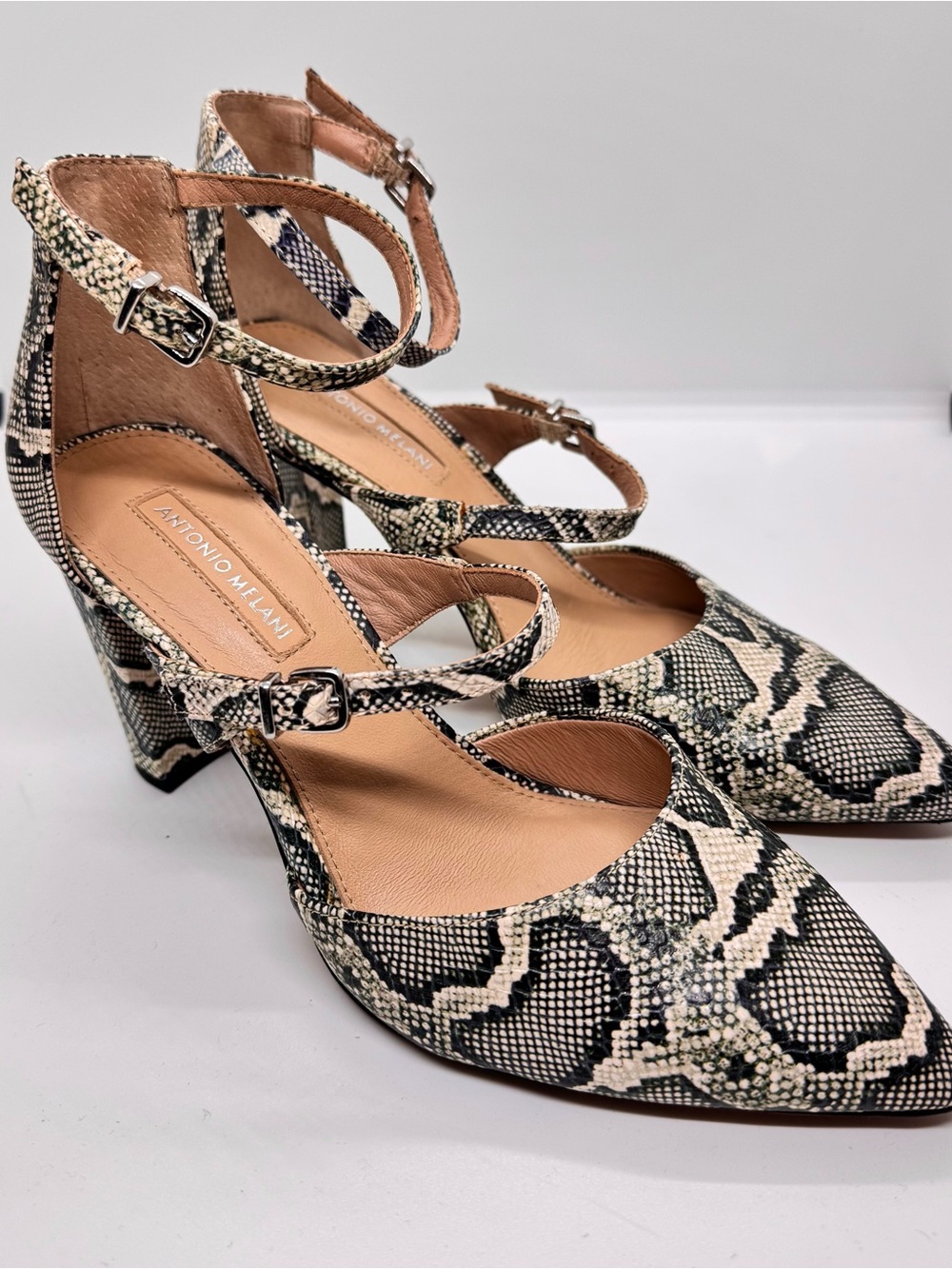 Antonio Melani Green & Cream Snakeskin Pointed Toe Heels